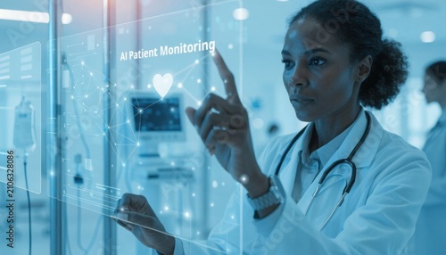 Futuristic doctor using AI in a modern healthcare setting.