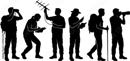 Silhouettes of researchers and explorers with equipment vector illustration