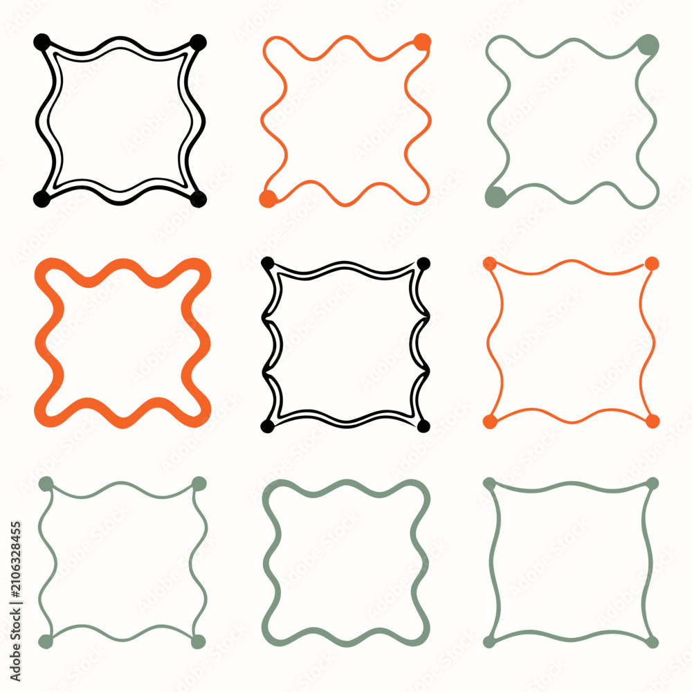 Fototapeta premium Hand Drawn Wavy Square Frame Border Set, Minimal Organic Decorative Outline Editable Vector Collection