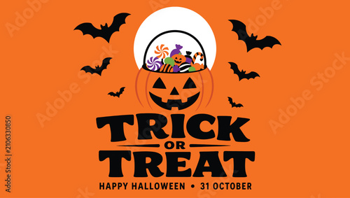 Halloween trick or treat design with a jackolantern pumpkin bucket full of candies and bats on an orange background