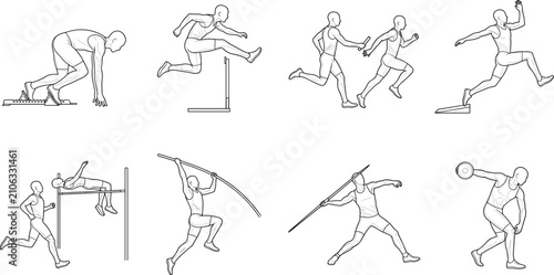 Fotografie Track and field athletes outline icons set with linear sports discipline figures