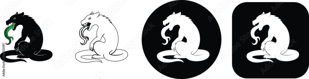 Naklejka premium Set of four depicting a mythical dragon creature with a long tongue, presented in black and white styles with circular and square borders