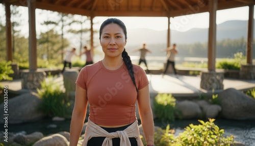 Confident Indigenous woman in modern sportswear standing in a sunny outdoor wellness space, portraying natural vitality