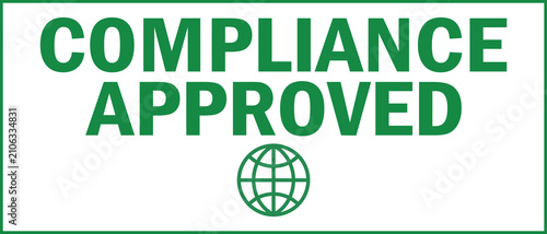 Compliance approved text label with globe icon
