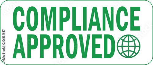 Compliance approved label with globe icon