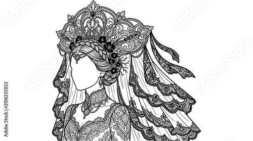 Konstfotografi Intricate floral ornament with headwear black and white vector illustration