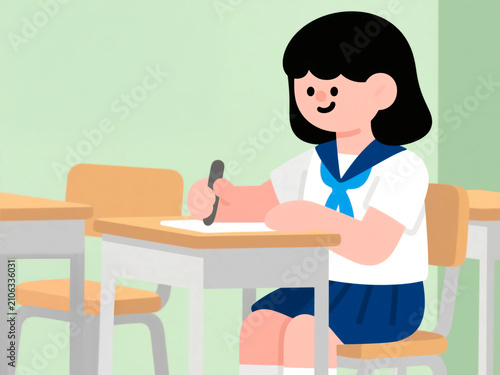 学校の教室で授業を受ける女子高生のイラスト