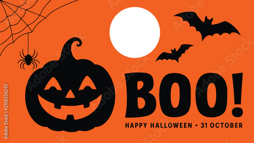 Foto Halloween background with a pumpkin, spider web, bats and full moon festive oran