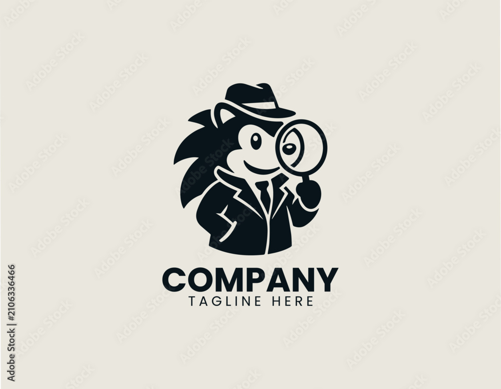 Fototapeta premium Detective hedgehog holding magnifying glass black vector logo