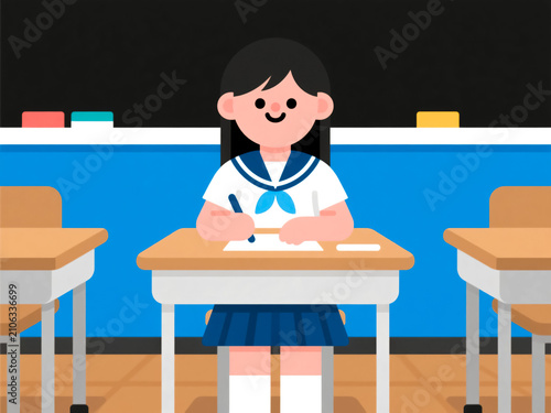 学校の教室で授業を受ける女子高生のイラスト