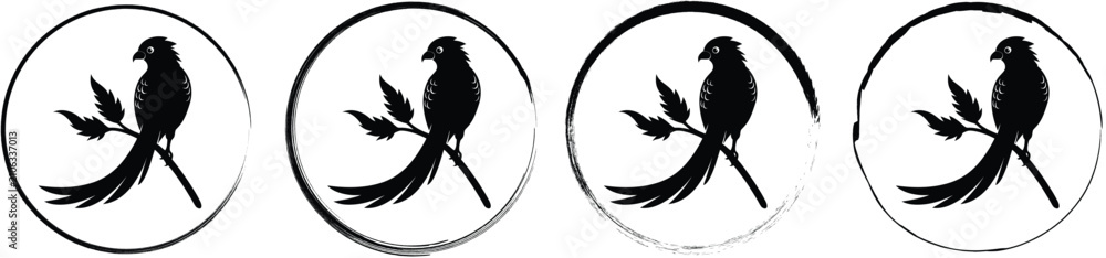 Obraz premium Four circular featuring a black silhouette of a bird with long tail feathers perched on a branch, with brush stroke styles on white