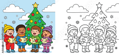 Kids singing Christmas carols in front of decorated tree with coloring page template vector illustration