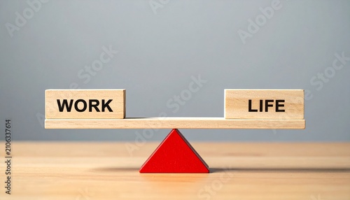 Work Life Balance Concept Featuring Wooden Blocks Spelling Work and Life Balanced on a Plank with Red Triangular Fulcrum Against Bokeh Green Background