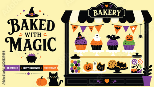 Bild auf Leinwand Halloween bakery shop front with cupcakes, cookies, candies, black cat and pumpk