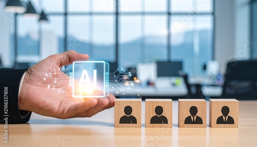 Hand Placing Glowing Artificial Intelligence Cube Next to Wooden Blocks with Human Icons for AI in Business and Workforce Concept