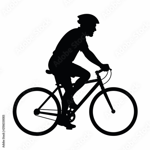 Black silhouette of a male cyclist wearing a safety helmet riding a road bicycle isolated on a white background, side profile view of an adult man biking for exercise or commuting.