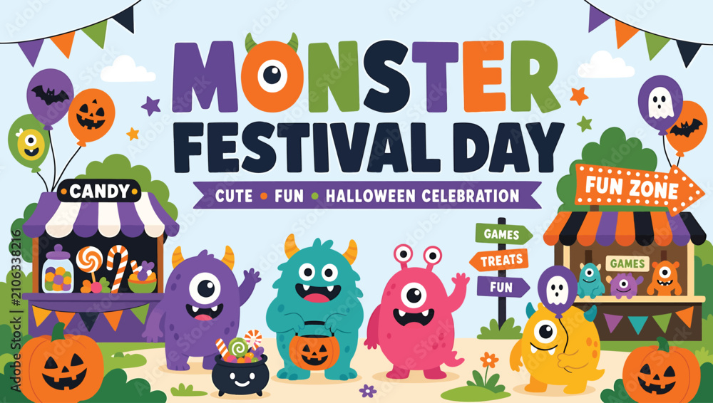 Naklejka premium Monster festival day celebration banner with cute cartoon monsters, candy shop, fun zone, pumpkins and halloween decorations