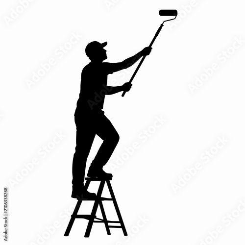 Black silhouette of a professional painter wearing a cap, standing on a step ladder while using a long handle paint roller to reach high surfaces, isolated on white background.