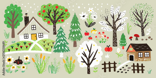 Floral ornament with houses and trees whimsical vector illustration