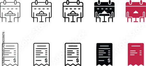 Bild auf Leinwand Dining reservation and financial receipt vector graphic symbols collection with