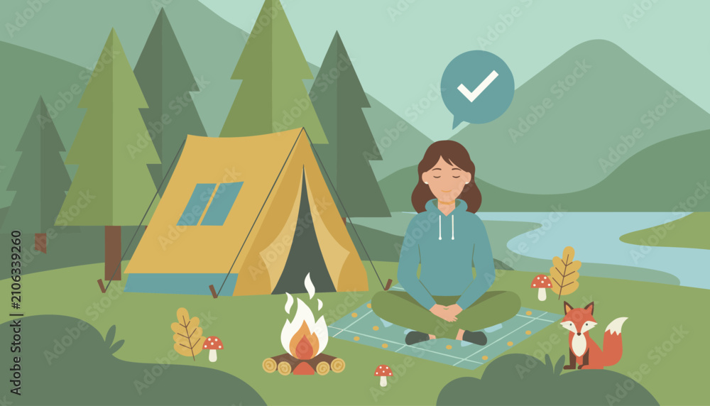Fototapeta premium Young woman practices mindful meditation at a forest campsite with a cozy yellow tent, campfire, and a friendly little fox.