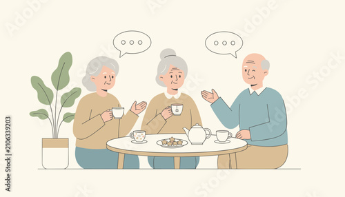 Diverse group of happy senior citizens enjoys a friendly conversation over warm tea and cookies in a cozy living room.