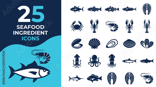 Collection of 25 seafood ingredient icons presented in graphic design