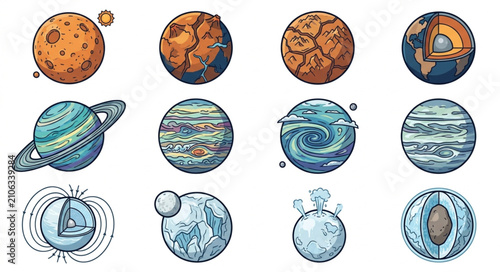Billede på lærred Illustrated Collection of Planets and Celestial Bodies.