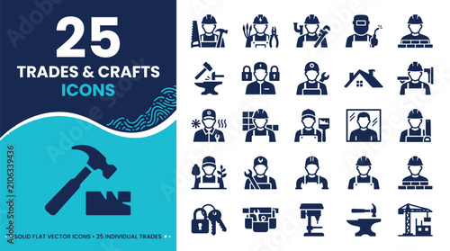 Collection of 25 icons representing various trades and crafts.