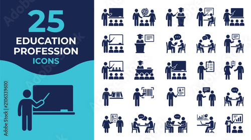 Collection of 25 education profession icons representing teaching and learning.