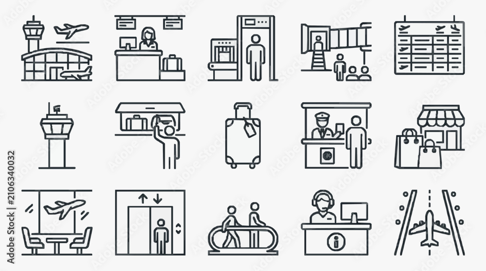 Fototapeta premium Professional Black and White Line Icons Set Featuring Air Travel and Airport Scenes for Web Design Presentations and Infographics