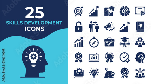 Collection of 25 icons representing skills development and business concepts.