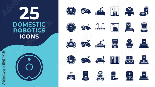 Collection of 25 domestic robotics icons displayed in a grid.