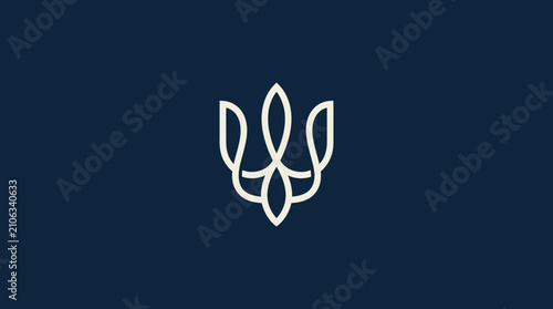 Abstract floral trident symmetrical linear emblem logo.