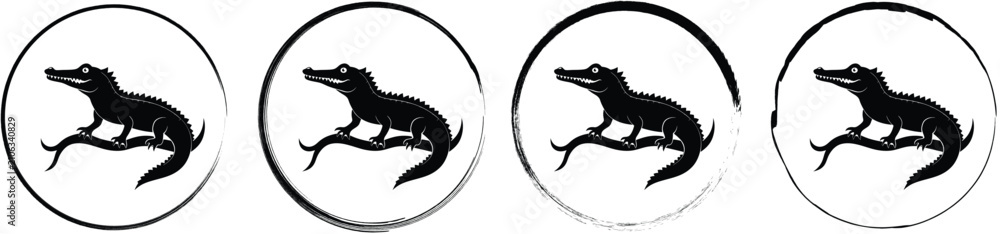 Obraz premium Four circular depicting a black alligator silhouette perched on a curved branch with distinct black circular border textures and styles