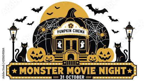 Halloween monster movie night poster with pumpkin cinema, black cats, bats, ghosts, spiders and cobwebs, vector illustration