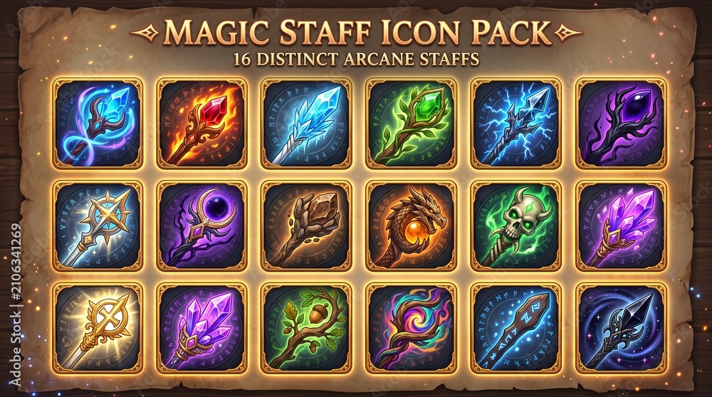 Fototapeta premium A collection of 16 distinct arcane magic staff icons with glowing elements, suitable for fantasy game interfaces.
