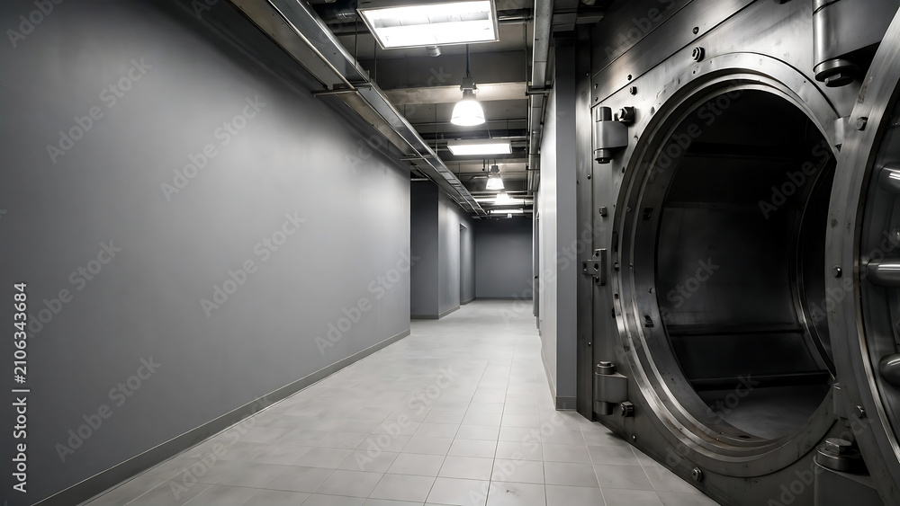 Obraz premium High Security Open Steel Bank Vault Door in a Modern Industrial Corridor with Grey Walls