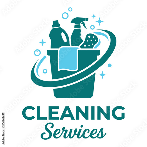 Cleaning services logo with bucket and cleaning supplies  household chores and cleaning icon