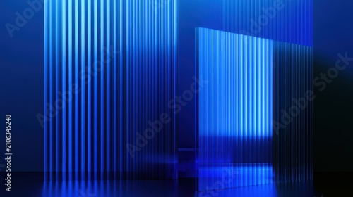 Modern abstract blue ribbed glass panel background with neon lighting, vertical geometric lines, sleek architectural partition texture, elegant contemporary interior design backdrop and visual art.