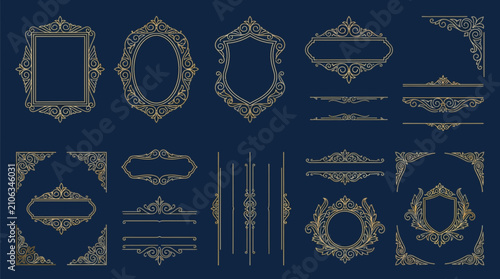 Ornate Decorative Frames and Borders Vector Set on Dark Blue Background