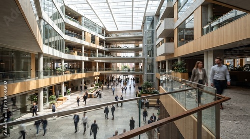 Busy modern corporate office atrium with employees walking between glass levels in bright daylight