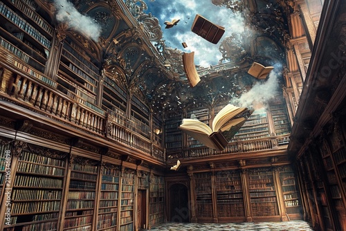 Mystical library filled with flying books creating an atmosphere of mystery