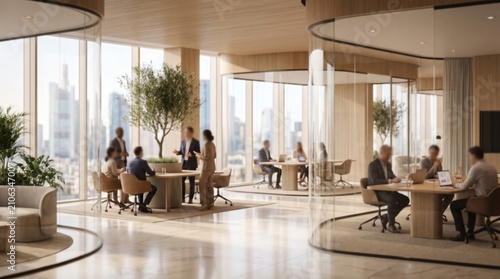 Modern corporate office interior with glass partitions and employees working