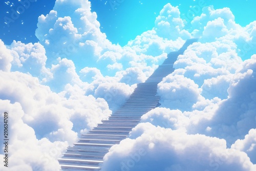 Staircase leads to the sky above fluffy clouds at sunset