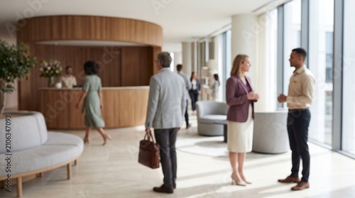 Business professionals meeting at reception desk in modern corporate office
