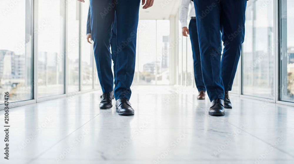 Obraz premium Low angle view showing legs wearing blue suits black leather shoes walking confidently down bright modern glass office corridor representing corporate executive team