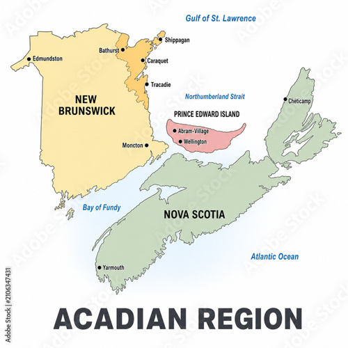 Fényképezés Acadian Region Canada Color Political Map – Clean Minimal Vector Illustration