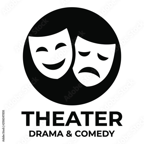 Theater drama comedy masks logo with smiling and frowning faces icon