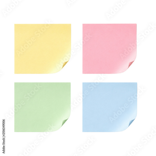 Minimalist set of four pastel sticky notes with curled bottom corners for simple reminders.
